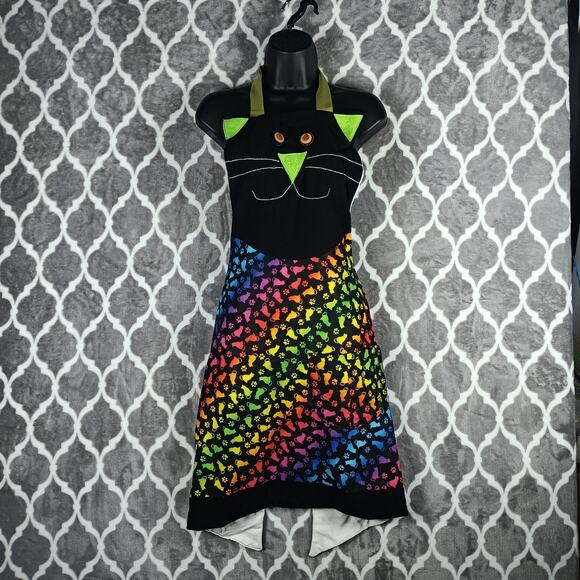 Handmade Apron Cat Face Rainbow Print Kitchen Cooking Costume Gift OOAK - Picture 1 of 9